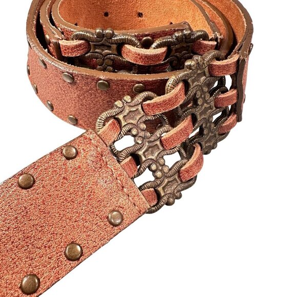 LeatheRock Leather Studded Western Belt Interlocking Chain Links Y2K Boho - Picture 4 of 16